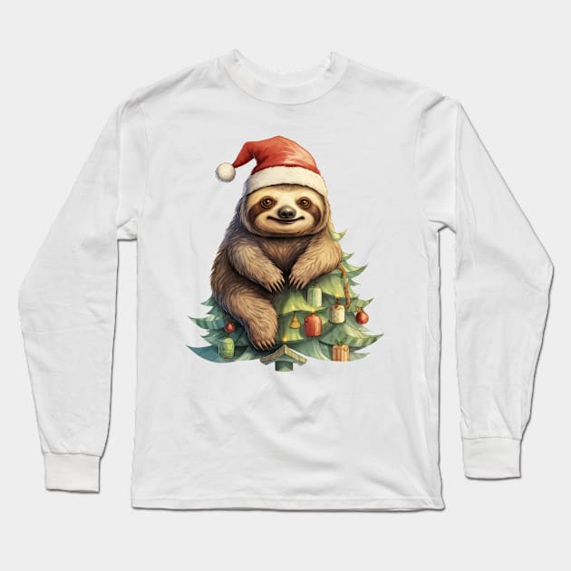 Christmas Sloth Climbing On The Pine Tree Long Sleeve T-Shirt by Chromatic Fusion Studio